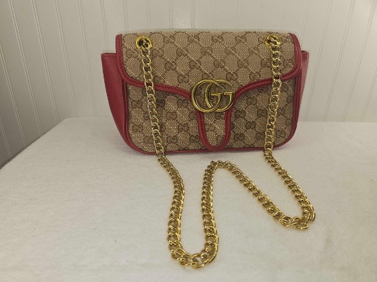 SuperClone Red Leather and Brown Gucci Shoulder Bag with gold chain strap. Measures approx. 4 x 10 x