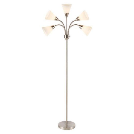67 in. 5-Light Brushed Nickel Gooseneck Floor Lamp with White Acrylic Shades