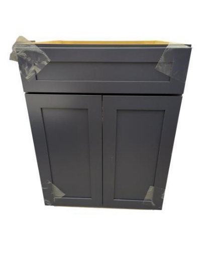 KraftMaid... Shaker Style Black Cabinet with Plastic Wrap and Shelves