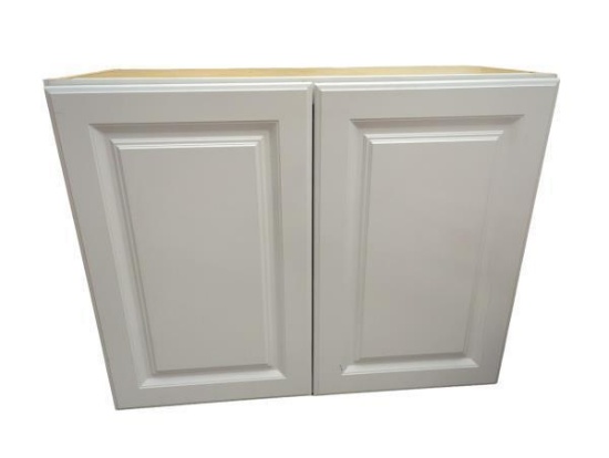 Modern White Cabinet with Two Paneled Doors and Wooden Top