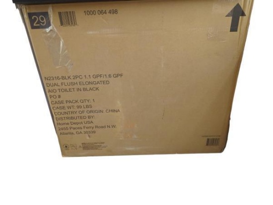 Home Depot N2316-BLK 2PC Dual Flush Elongated AIO Toilet in Black, 1.1 GPF/1.6 GPF
