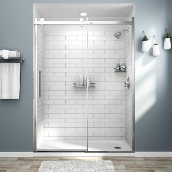 Passage 32 in. W X 72 in. H Four Piece Glue up Acrylic Alcove Shower Wall Set in White Subway Tile