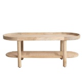 46.75 in. in Natural Oval Mango Wood Coffee Table with Cane Shelf