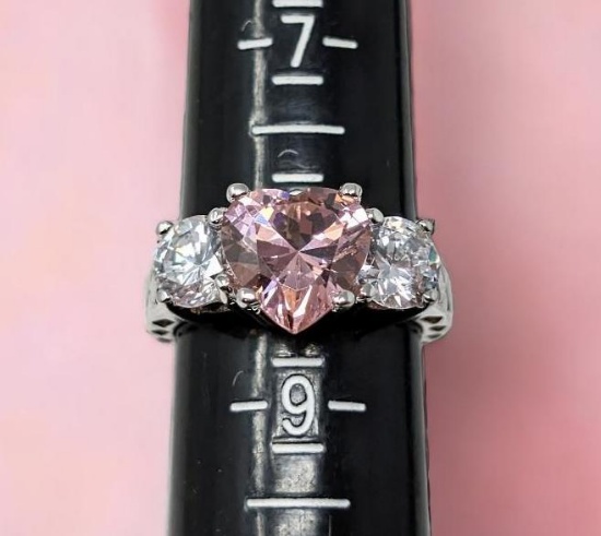 SUZANNE SOMERS STERLING SILVER FASHION RING WITH BEAUTIFUL LARGE HEART CUT SIMULATED PINK SAPPHIRE,