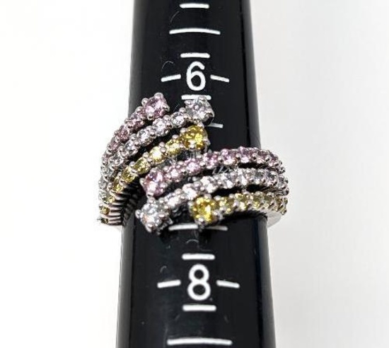 BEAUTIFUL STERLING SILVER TRIPLE ROW RING FEATURING PINK, CANARY, & WHITE CZ GEMSTONES. ALL PRONG