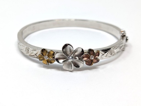SUBSTANTIAL SILVER TONED FLORAL BANGLE BRACELET WITH ROSE GOLD TONE/YELLOW GOLD TONE/SILVER TONE