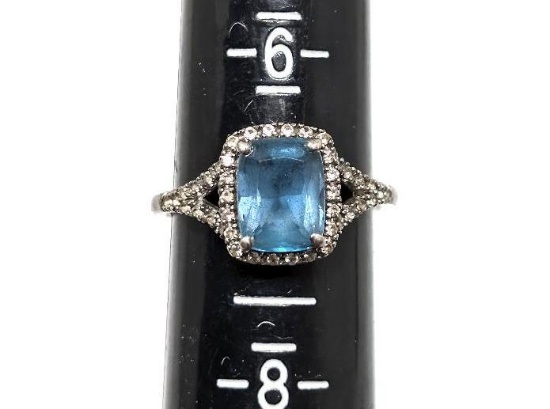 .925 STERLING SILVER COCKTAIL RING WITH STUNNING PRONG SET OCTAGON CUT SIMULATED BLUE TOPAZ STONE,