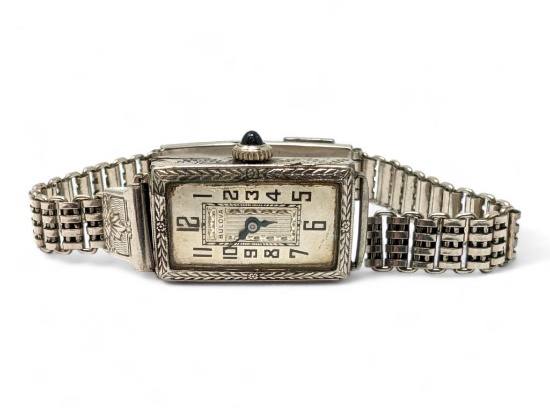 LADIES ART DECO 14K WHITE GOLD FILLED 15 JEWEL WRIST WATCH. DOES HAVE A FROZEN MOVEMENT. SWISS