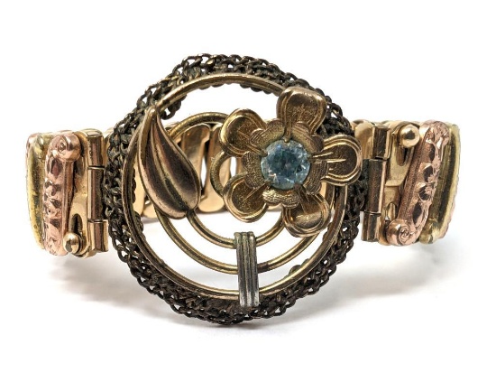 VINTAGE MARKED LUSTERN 12K GOLD FILLED EXPANSION BRACELET, FEATURING A ROUND FLOWER CENTER ACCENTED