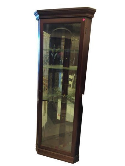 Philip Reinisch Mahogany Corner Curio Cabinet with Glass Shelves, 24-in x 15-in x 72-in