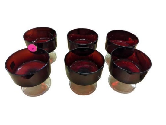 Set of 6 Luminarc Verrerie d'Arques France Ruby Red Glass Dessert Bowls 3.5 in x 3.25 in