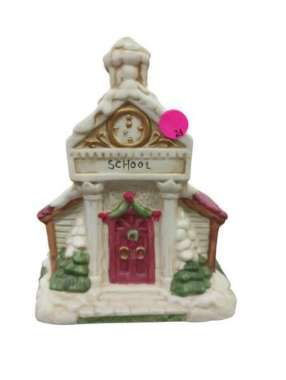 Ceramic Light Up Christmas School House with Red Door and Snow Details 6.5 in x 5 in x 8 in