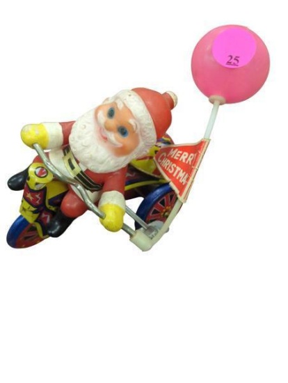 Vintage Tin Litho Santa Claus on Tricycle with Pink Balloon - Wind-up Christmas Decoration 2.5 in x
