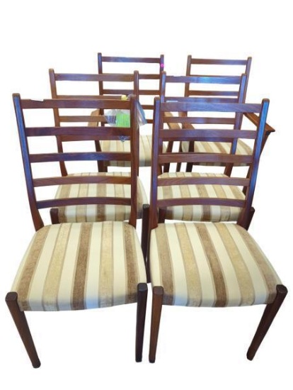 Set of 6 Wooden Ladder Back Dining Chairs with Striped Cushions, Includes 2 Armchairs, 18 in x 16 in