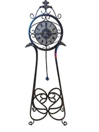 Curtis Black and Bronze Faux Stone Standing Clock with Roman Numerals and Decorative Metal Stand -