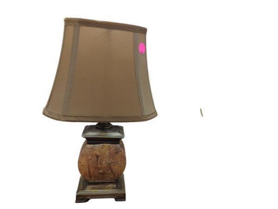 Lot of 2 Small Table Lamps with Wooden Base and Brown Shades - 10 and 14.5 Inches Tall