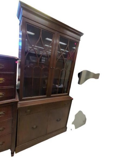 Mahogany China Hutch with Glass Accents, One Drawer Over Two Doors, Includes Contents Inside, 36 in