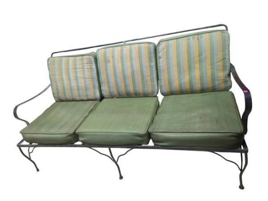 Cast Iron Outdoor 3 Cushion Sofa with Green and Yellow Striped Cushions