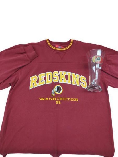 Washington NFL Redskins Lot: Men's Medium Vintage Long Sleeve Shirt & 8-Inch Logo Beer Glass
