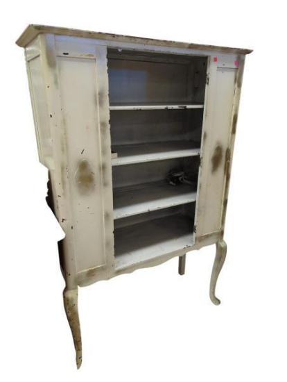 Vintage Distressed White Wooden 4 Shelf Cabinet with Queen Anne Legs 39 in x 15 in x 62 in