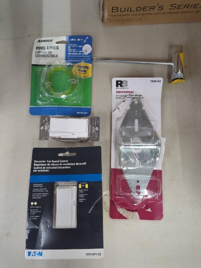 Items Including Fuel Line Pack, Fan Speed Control, Garage Door Hinge, and Related Tools