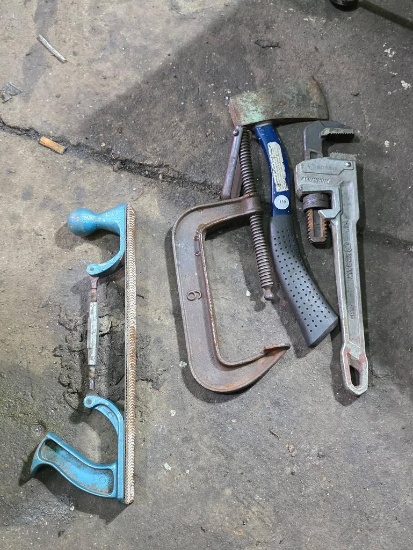 Hand Tools Including C-Clamp, Pipe Wrench, Hatchet, and Wood Rasp