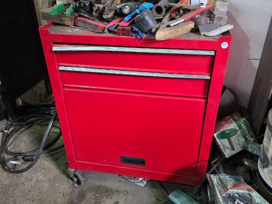 Red Metal Tool Cabinet with Two Drawers and Open Storage Compartment
