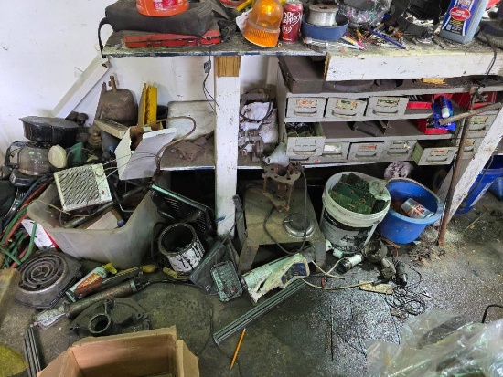 Workbench and Mixed Contents Including Tools, Hardware, and Scrap Materials
