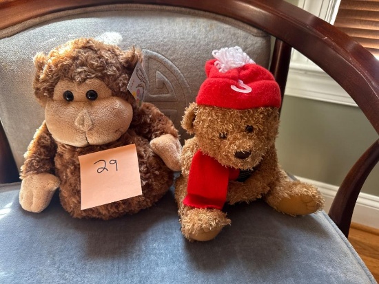 Two Plush Toys Including Monkey and Bear in Red Hat and Scarf