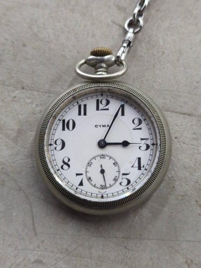 Cyma Pocket Watch with Chain and White Dial