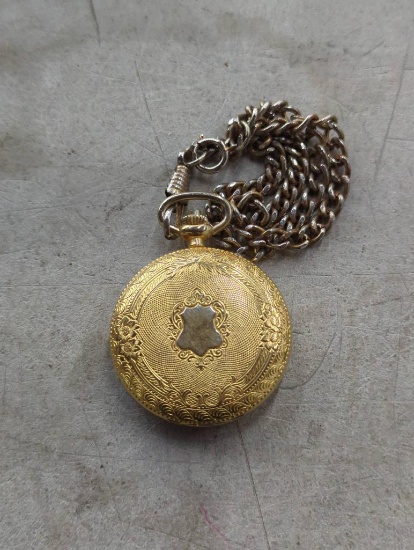 Majestron Quartz Gold-Tone Pocket Watch with Chain and Moon Phase Display