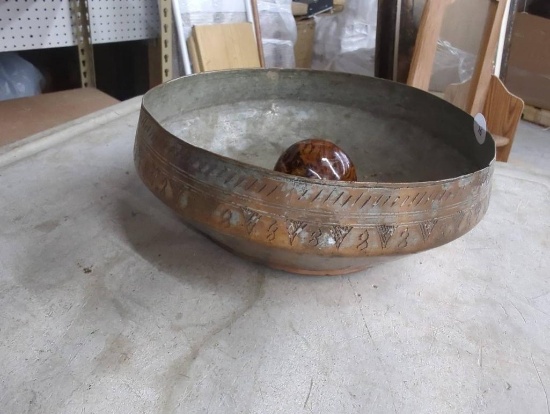 Decorative Metal Bowl With Carved Design and Stone-Like Object