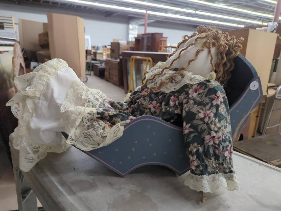Fabric Doll with Floral Dress and Painted Wooden Cradle