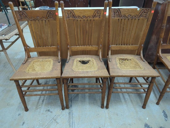 3 Wooden Chairs With Caned Seats and Carved Backs