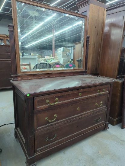 Wood Dresser with Mirror and Brass Hardware, Approx. 50 in x 24 in x 68 in