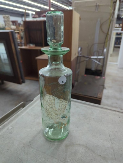 Green Glass Decanter with Stopper Featuring Bird Design