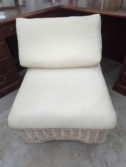 Wicker Lounge Chair with White Cushions, Measures 25 x 25 x 26 Inches