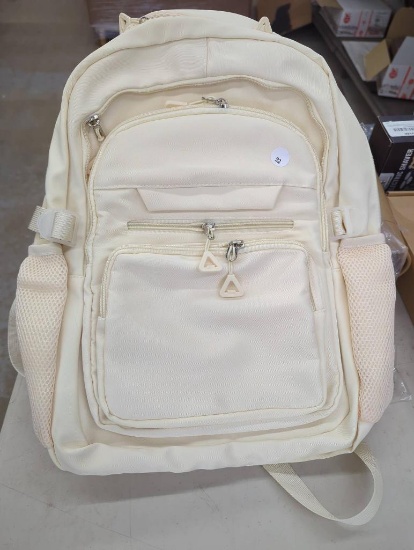 Cream-Colored Backpack with Multiple Zippered Compartments