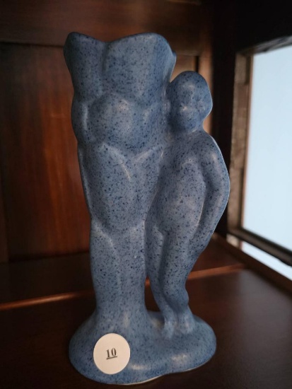 6 1/2-Inch Blue Speckled Ceramic Sculpture of Two Figures
