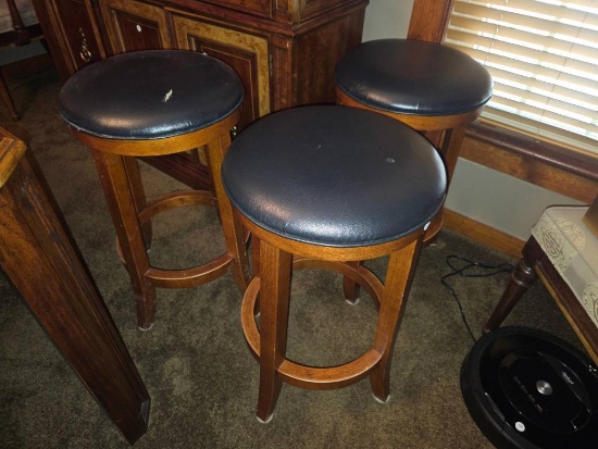Three Wooden Bar Stools with Black Cushioned Seats,