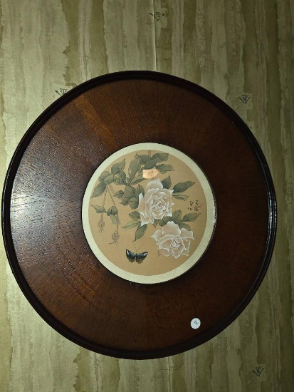 Round Wooden Wall Plaque with Floral and Butterfly Design, 20D,
