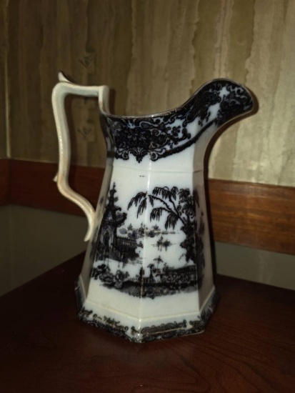 Black and White Ceramic Pitcher with Scenic Design, 9 1/4H,