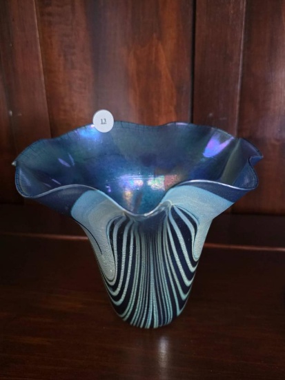 Iridescent Art Glass Vase with Freeform Rim, 6 H