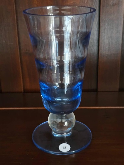 Blue Glass Vase with Clear Stem, 8 3/4H,