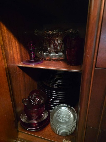 Glassware Collection From Both Side Cabinet Doors, Ruby Red and Clear Glass