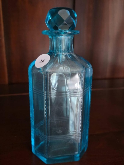 Blue Glass Decanter With Faceted Stopper, 7H,
