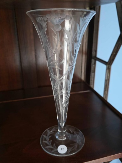 Etched Glass Vase With Floral Motif, 10H,