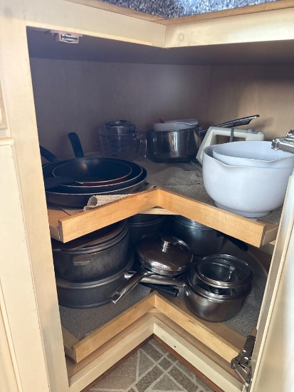Cabinet Lot of Assorted Items Including Cookware and Appliances ()