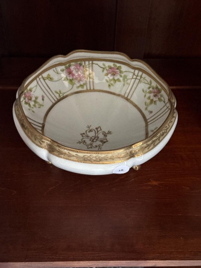 Hand-Painted Porcelain Bowl with Floral and Gold Accents,