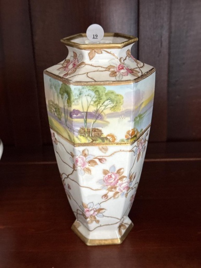 Nippon Hexagonal Vase with Gold Trim, Floral Motif, 9.5 Inches Tall,